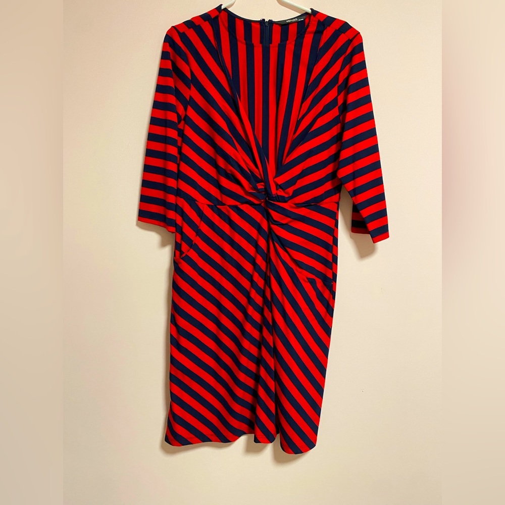Red & navy unique twist front dress